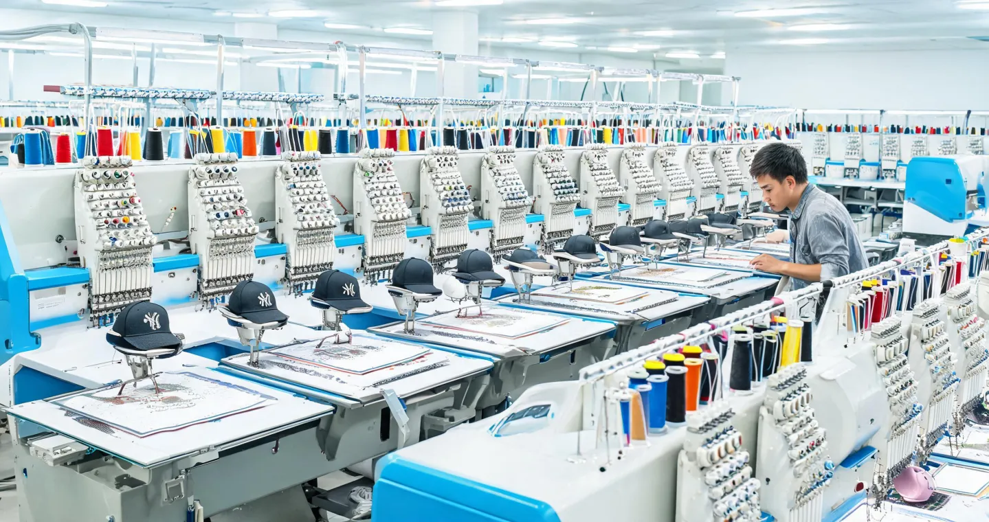 Industrial embroidery machines running apparel and cap jobs