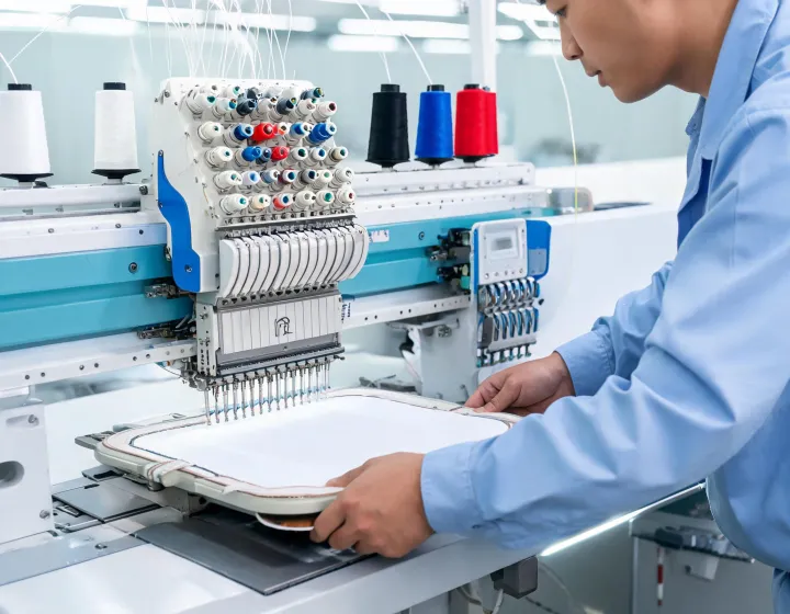 Melco embroidery operator preparing thread and hoop setup