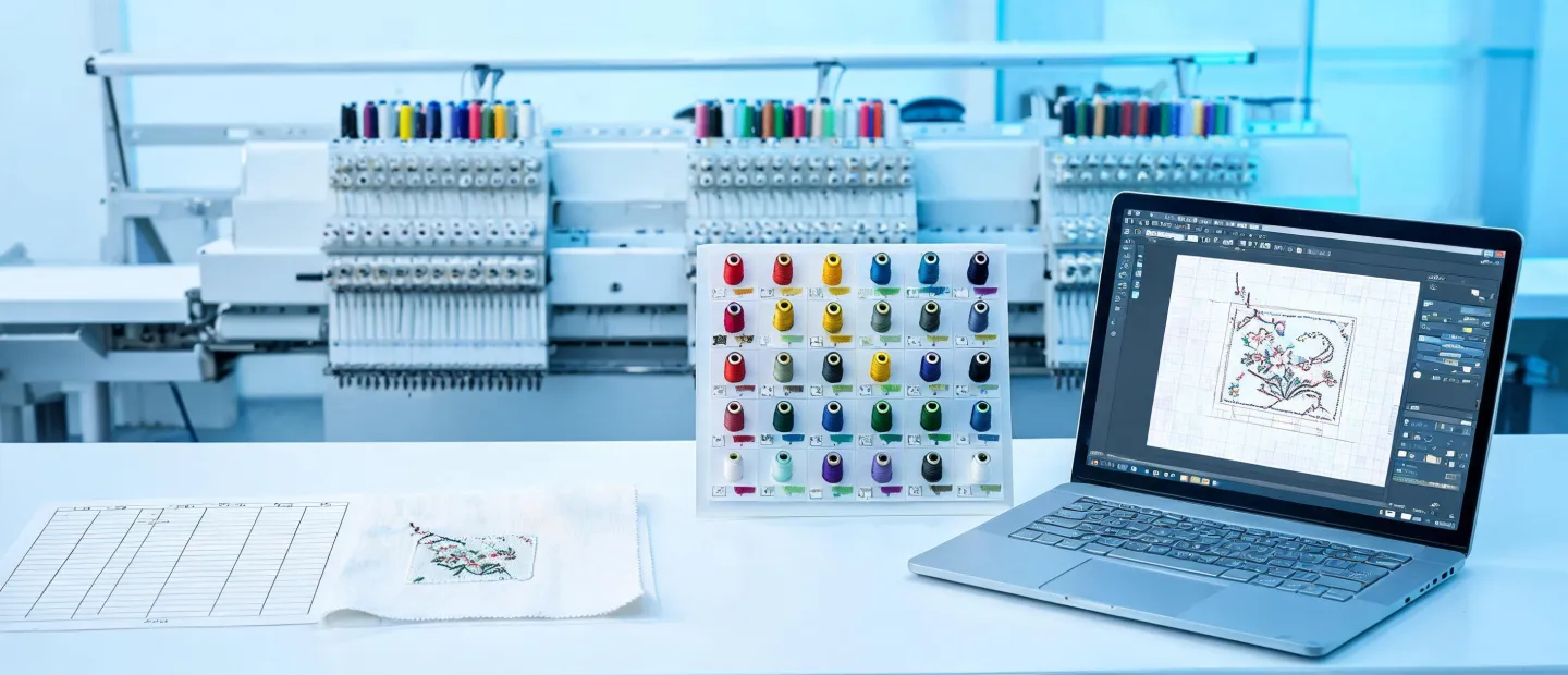Embroidery service planning desk with machine sample and thread chart